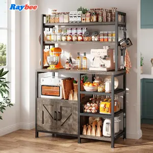 Raybee Bakers Rack,Microwave Stand with Wooden Shelves & Cabinet Storage, Kitchen Coffee Bar, Side Hooks,Utility Shelf for Kitchens,Power Outlets Metal Organiser