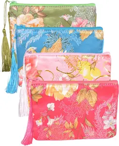 Jewelry Silk Purse Pouch, Chinese Silk Style Zipper Brocade Embroidered Bag Gift Case, 4 Pack