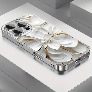 TPU Protective Smartphone Case for iPhone 12/12Pro/12ProMax-16/16Pro/16ProMax/16Plus, Light Luxury Elegant Ceramic-Texture Gold-Line White-Flower Electroplated Glass Cover with Lens Protection, Handheld Cellphone Devices Accessory