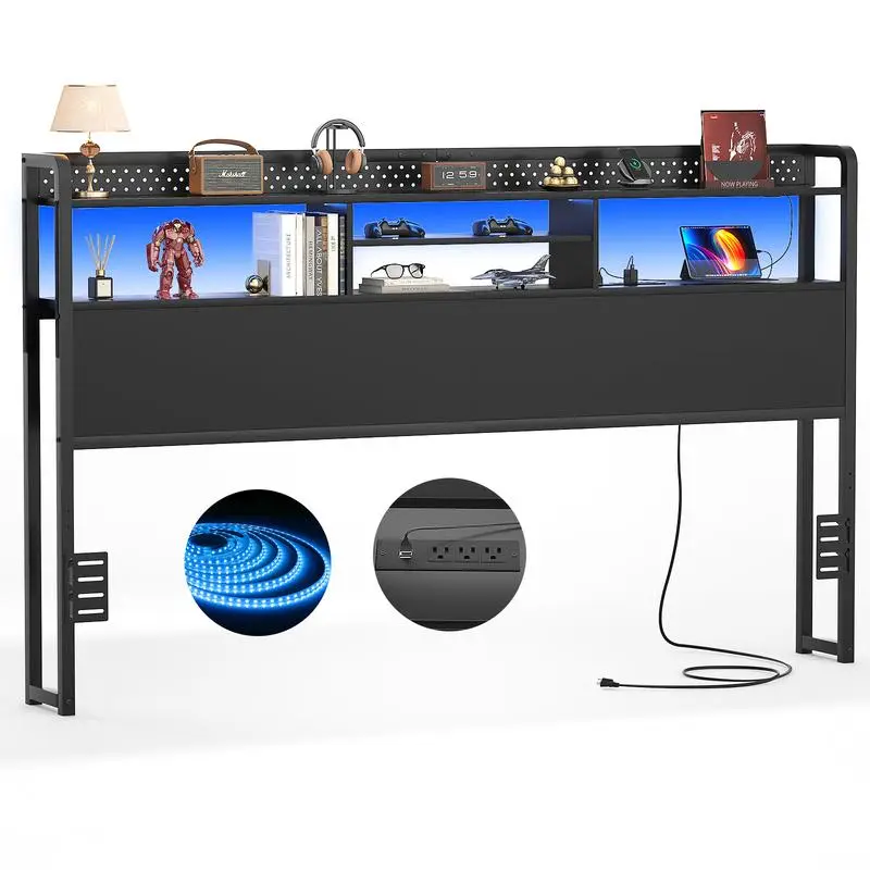 Headboard for King Size Bed with Storage Shelf, Head board with 3 Outlets and 2 USB Ports, Headboards with RGB LED Light, Height Adjustable unique  bedroom  furniture king  size  bed  frame, summergarden