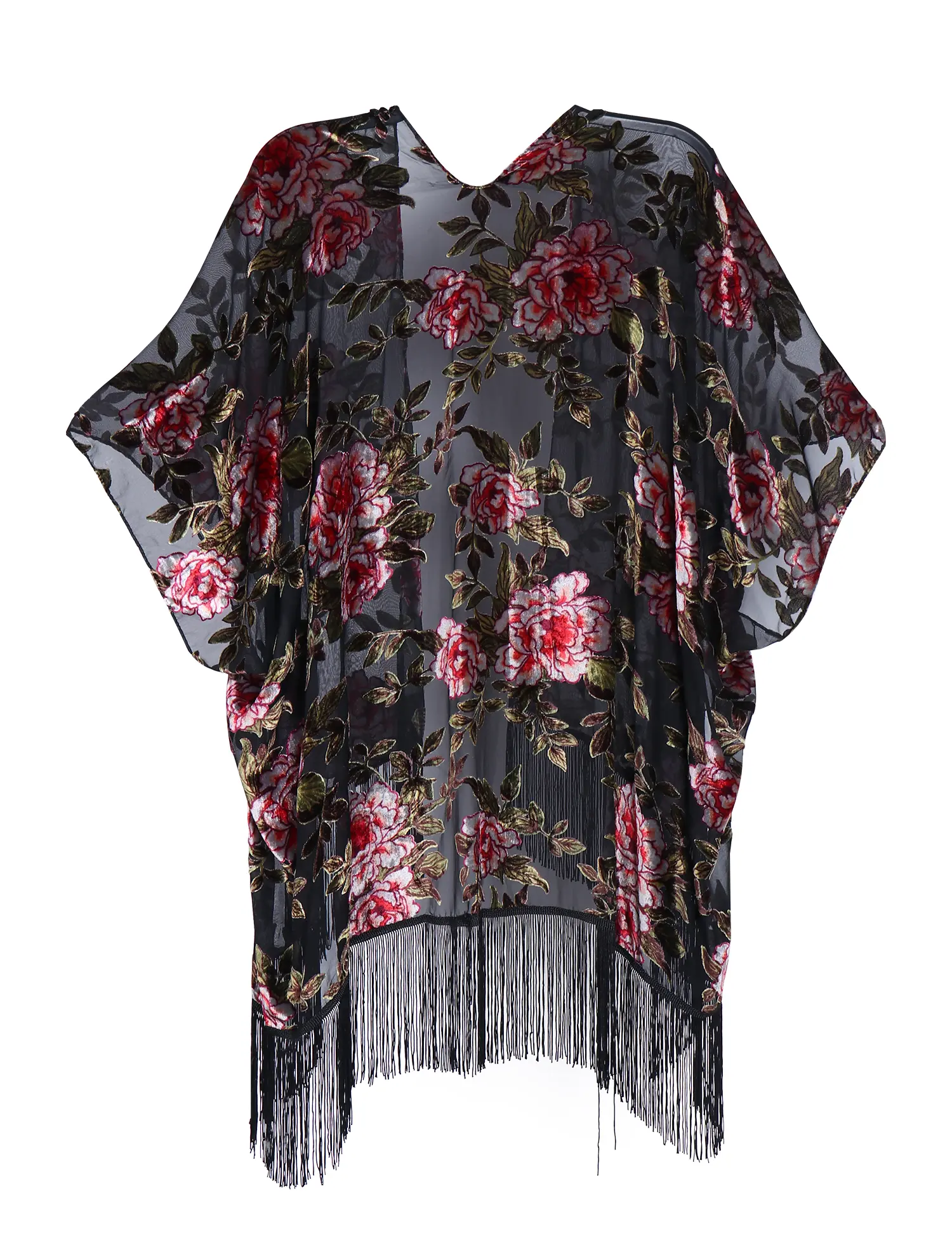 WEHELLO Women's Lady Clothes Burnout Texture Velvet Kimono Cardigan - V-Neck, Tassel Fringe Embellished Blouses & Shirts, Floral Embroidery, Black & Pink Cover Up for Casual Chic Tops Outfits, Floral Embroidery Adds Artful Charm, Layer‑Ready Kimono