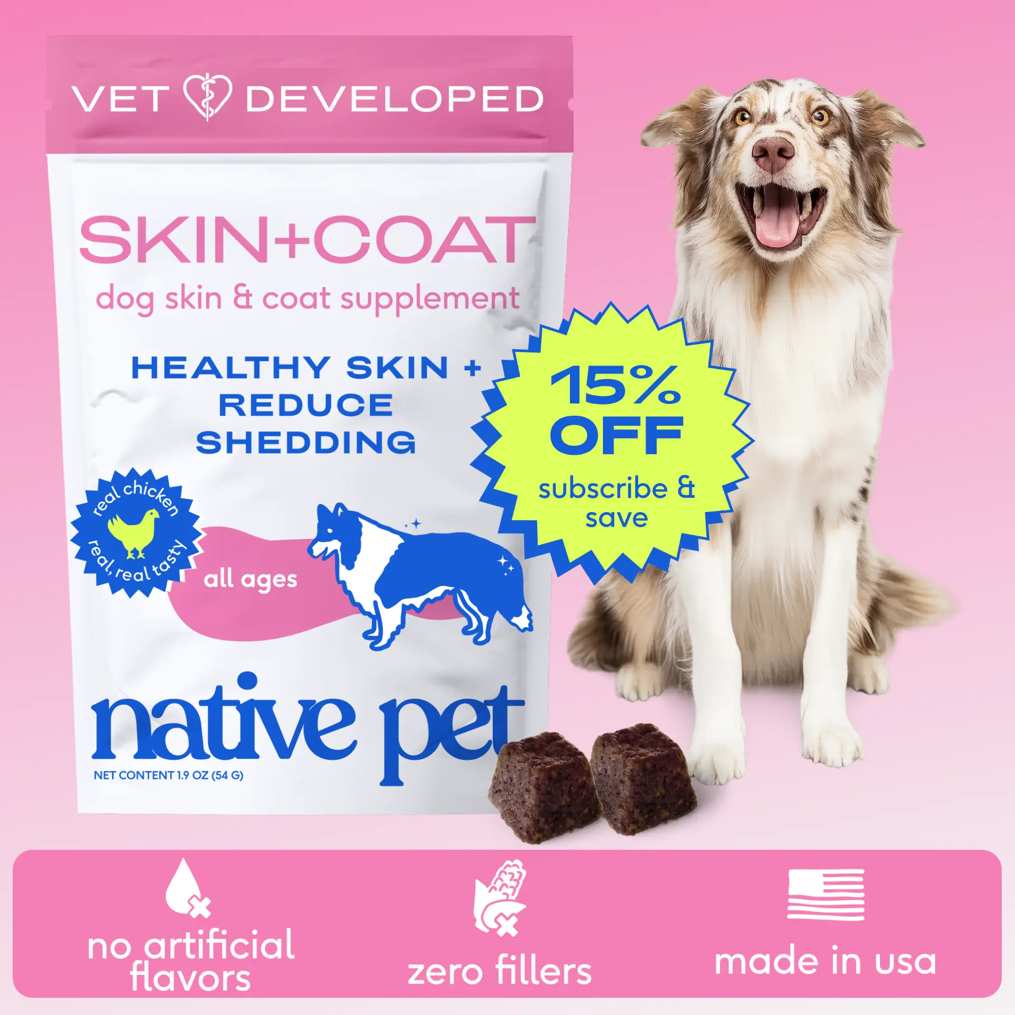Native Pet Omega Skin and Coat Chews for Dogs - Dog Skin and Coat Supplement for Healthy, Shiny Fur, Reduce Shedding and Dry Spots - Made with Omega 3 Fish Oil and Wild-Caught Salmon Oil