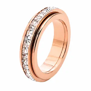 Unisex Rotatable Decompression Full Eternity Ring, Titanium Steel Stress Relief Band with Square Cubic Zirconia, Smooth Double Layer Ring for Office and Daily Wear, Size 6-9, Perfect Gift