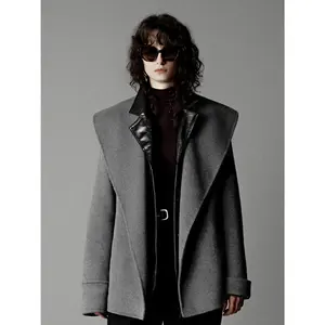 URBAN REVIVO Women's 2026 Winter Elegant Minimalist Basic Oversized Loose-Cut Collared Neck Long-Sleeve Wool-Blend Polyester Wrap-Front Casual Jacket Outerwear UWM150067