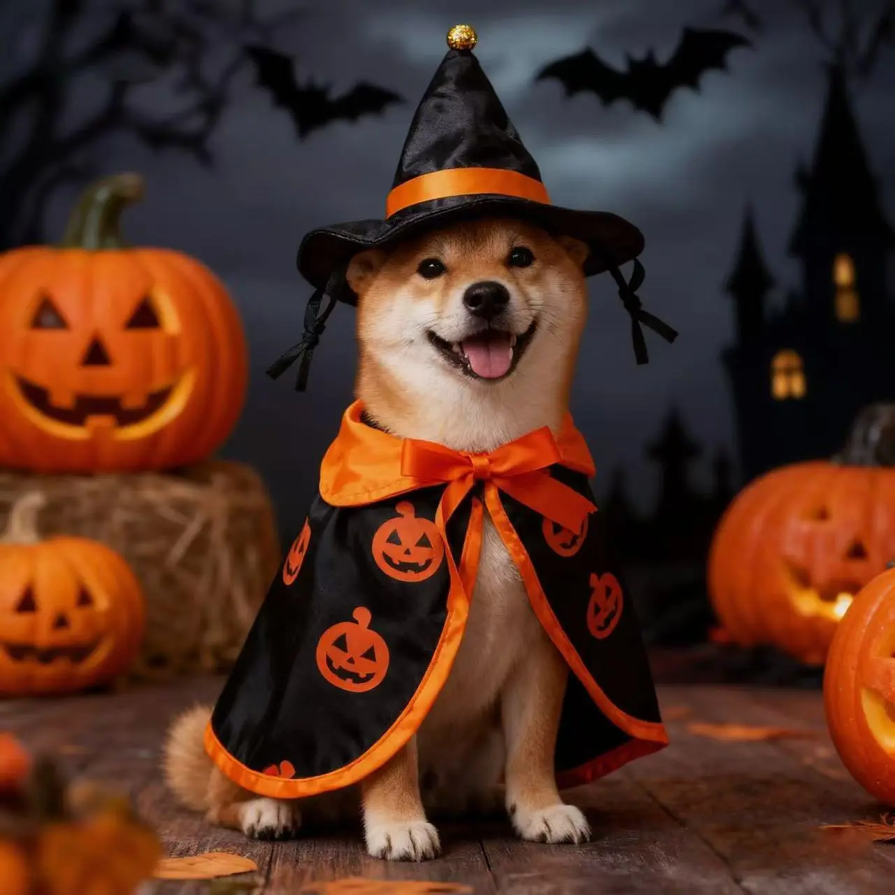Pet Halloween Pumpkin Print Cape & Adjustable Bow Tie Witch Cloak, Small-Medium Dog & Cat Party Cosplay Clothes