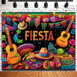 2D Flat Velvet Full-Printed Mexican Carnival Tapestry - Hand-Crafted with Vibrant Cactus, Guitar Props, Ornaments, Light Party Decor Banners, Peach Home Decor for Festive Birthday Parties