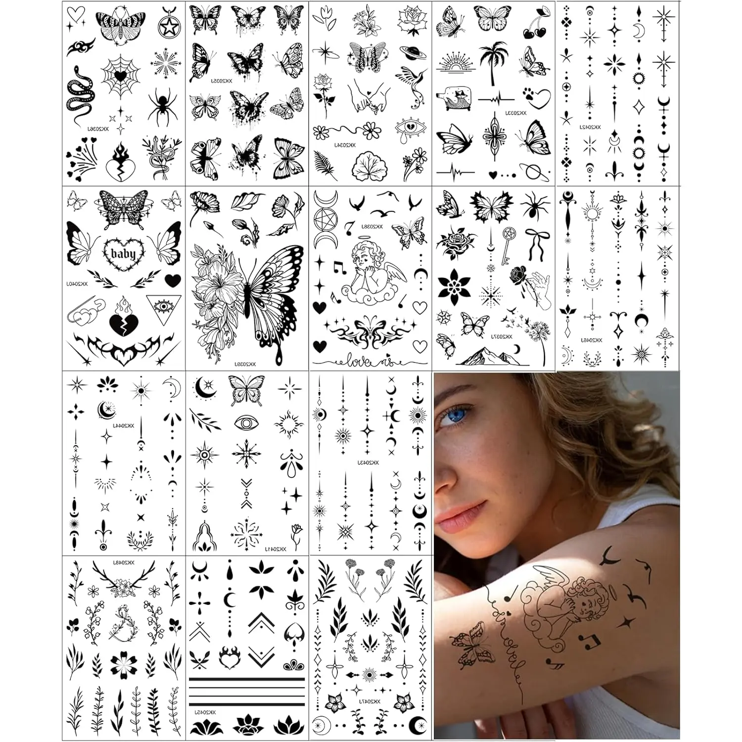 283 Pcs Hand Temporary Tattoo Stickers, Fake Black Tiny Finger Tattoos, 16 Sheets Body Art Semi-Permanent Tattoo for Men Women Face Arm Neck Shoulder
