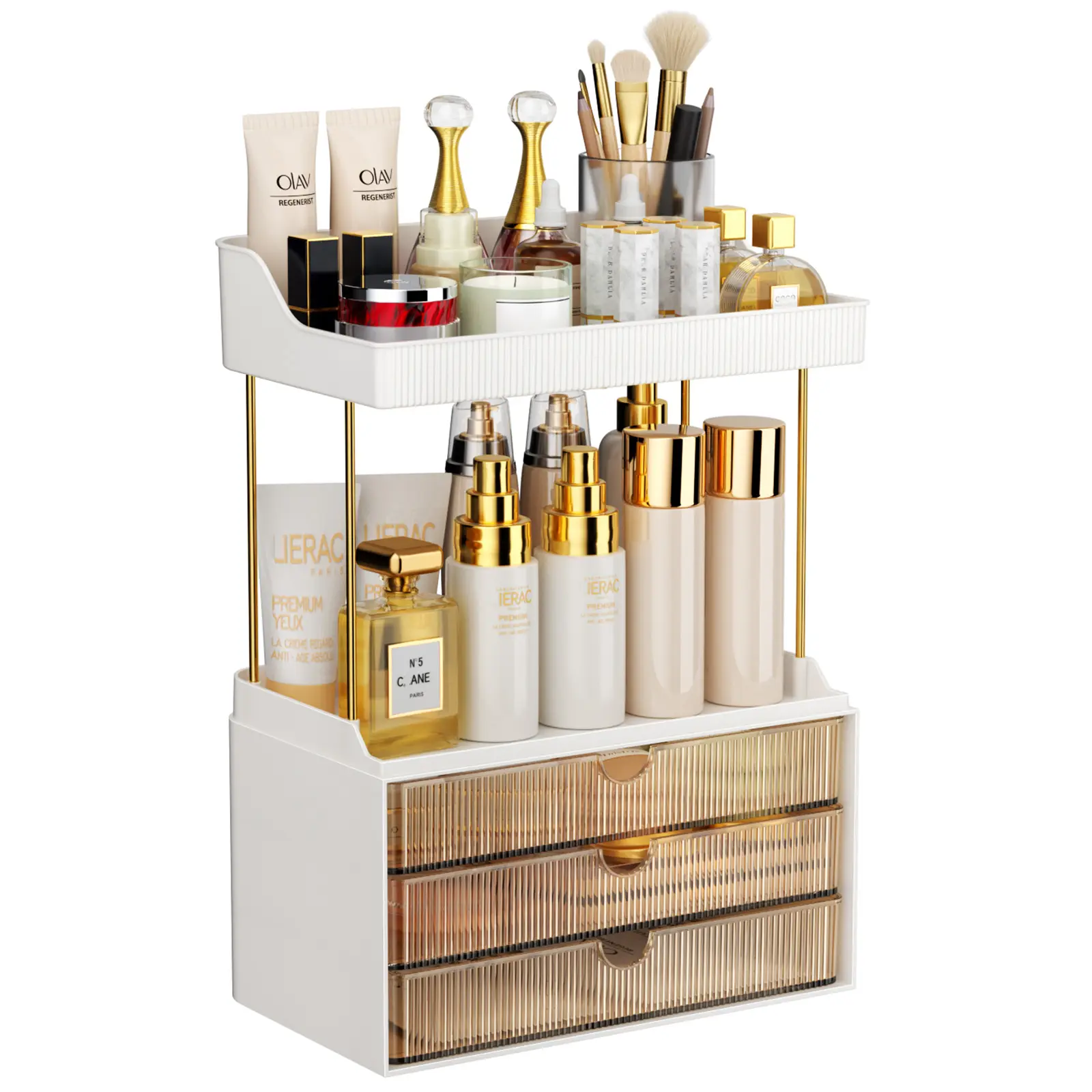 7CODE Amber Cosmetic Organizer - 4-Tier, 3-Drawer Home Storage Box for Bathroom Countertop Makeup, Skincare & Perfume,dorm essentials,home decor