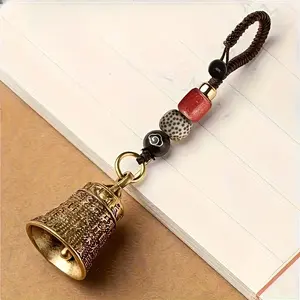 Handmade Tibetan Buddhist Bell Keychain with Mantra Charm, Carved Bell & Braided Cord for Good Luck, Spiritual Accessory for Travel, Keychain Jewelry