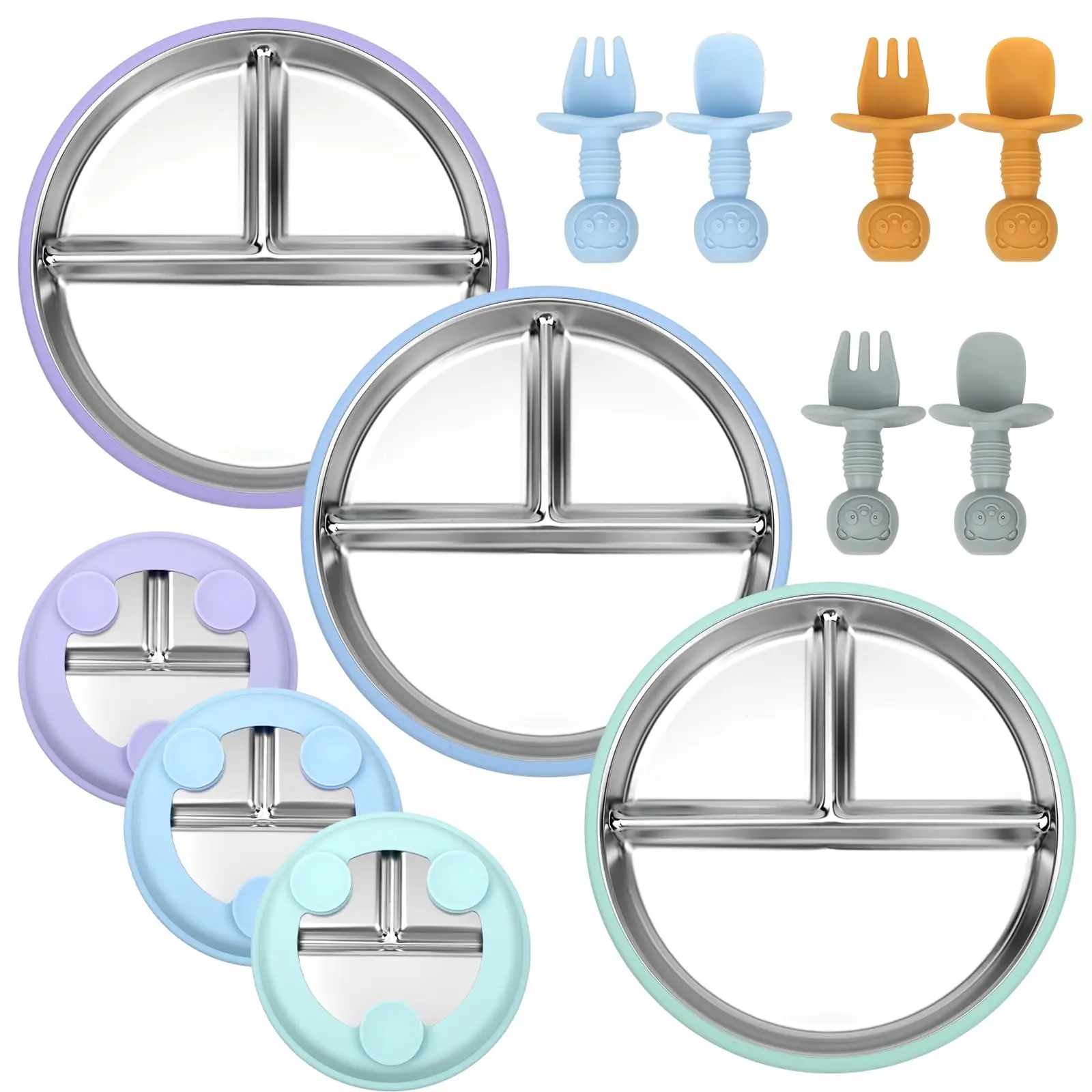 3 Set Removable Stainless Steel Plates For With Suction Cup -anti-slip 9 Inch Grids High Chairs  Non Bpa Free Unbreakable Snack Lunch Plate