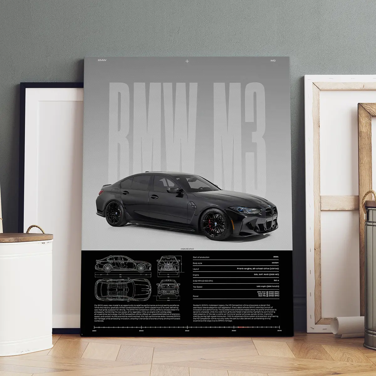 1 Count Wooden Framed Canvas, Canvas Prints, Wooden Wall Art, BMW M3 Appreciation Poster, Home Decoration, Decoration Items, Ideal Gift, High Definition, Waterproof, Modern Art Design, Artwork for Walls