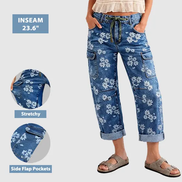 Flamingals Floral Print Roll Hem Drawstring High Waist Barrel Leg Crop Jeans Womenswear Stretchy 23.6" Inseam