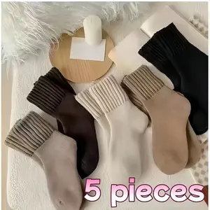 Thickened, soft, comfortable, and warm socks (5 pairs), suitable for autumn and winter, solid color mid-calf socks, casual and simple style.