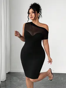 Women’s Plus Size Asymmetrical Collar Bodycon Dress Featuring Mesh Patchwork Design