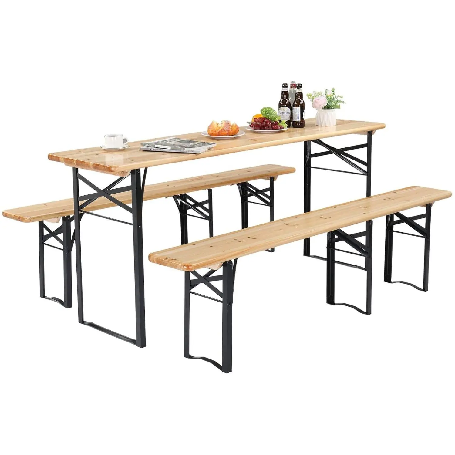 VINGLI 70 Inch Folding Picnic Tables with Benches Set, Weather-Resistant Wooden Beer Garden Table Bench, 3-Piece Portable Fold Up Camping BBQ Table w/Carrying Handles
