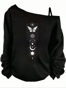 Women's Casual Knit Long Sleeve Asymmetrical Neck Spaghetti Strap Top, Butterfly & Moon Print, Comfortable Fashion Summer Wear