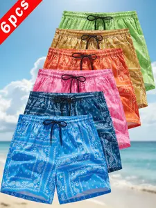 6-pack men’s complete set: Paisley print shorts with pockets; summer casual, comfortable quick-dry shorts; beach vacation fashion men’s bottoms; available in 6-, 4-, or 1-piece sets; outdoor shorts; printed shorts; casual sports shorts; casual athletic sh