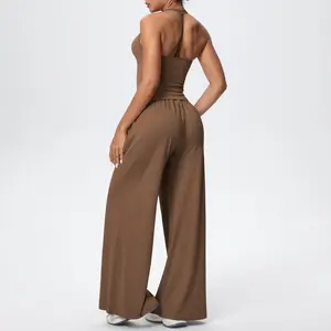 RICH BRIA Women’s Seamless Halter Tank Top & High-Waist Wide Leg Pants Set, Comfortable Breathable Casual Activewear, Yoga, Gym, Running, Pilates, Quick-Dry Workout Outfit, All-Season Minimalist Style