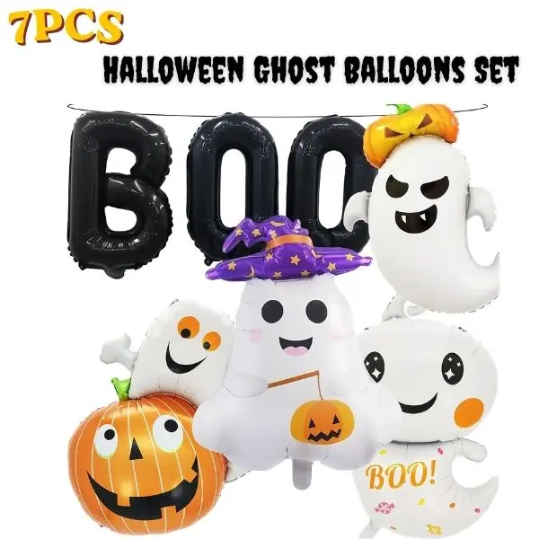 7PCS Halloween Ghost Balloons Set, Boo Pumpkin Foil Balloons, Cute Halloween Party Decorations, Ghost Themed Birthday Backdrop Decor, Boo Day Party Supplies