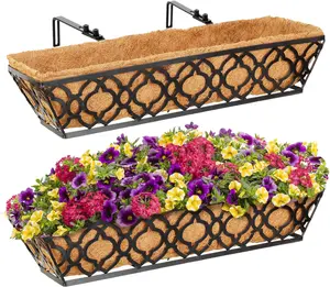 Y&M 24" Window Boxes Horse Trough with Coconut Coir Liner, 2pcs 24 Inch Window Deck with Coco Liner, Black Metal Hanging Flower Planter Window Basket Deck Railing Planter Boxes for Outdoor Indoor Lawn planter basket