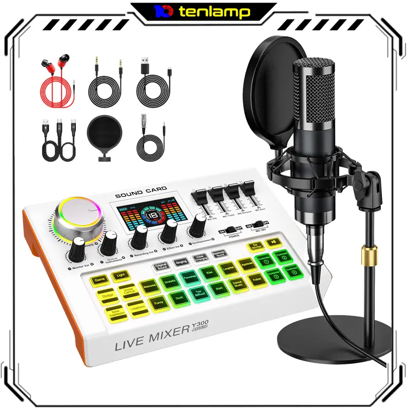 tenlamp Podcast Kit with P15 Wired Condenser Microphone, Y300 Audio Interface - DJ Reverb Effects, Vocal Processing - Mic for iPhone, Compatible with Smartphones & Computers, Ideal for Live Streaming, Recording, 12 Months summerwins