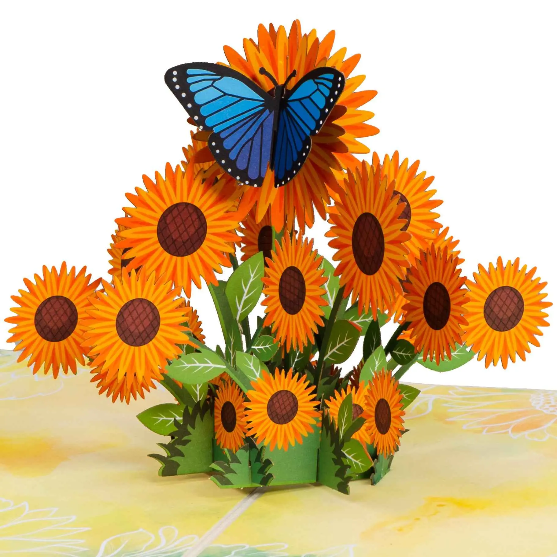 Paper Love Handcrafted 3D Sunflower Sculpture Pop-Up Card - 5"x7" Office Stationery, Floral Theme with Blue Butterfly, Orange Buds, Green Leaves, Flat Close, Blank Note for Just Because, Birthdays