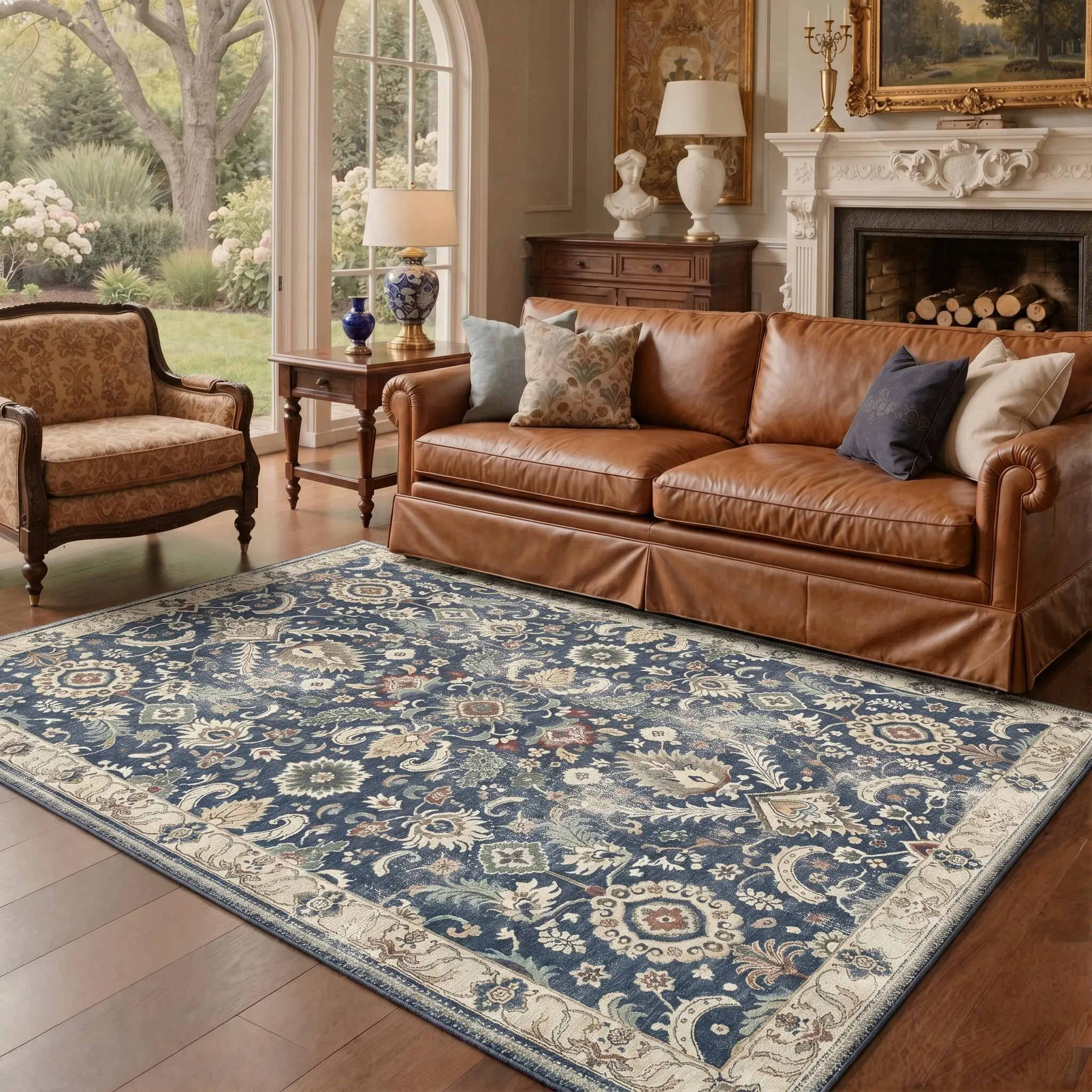 【Back To School】GENIMO Floor Carpet Machine Washable Area Rug Non Slip Pet Friendly Soft Rug for Living Room Bedroom Kitchen Hallway Floor Decor,ARP6039-INDIGO BLOOM