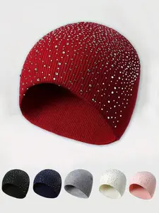 Starry Rhinestone Knitted Hat, Fitted Woven Acrylic Cap, Casual Elegant Street Style, Perfect for Autumn Winter Valentine's Day, Knit Hats