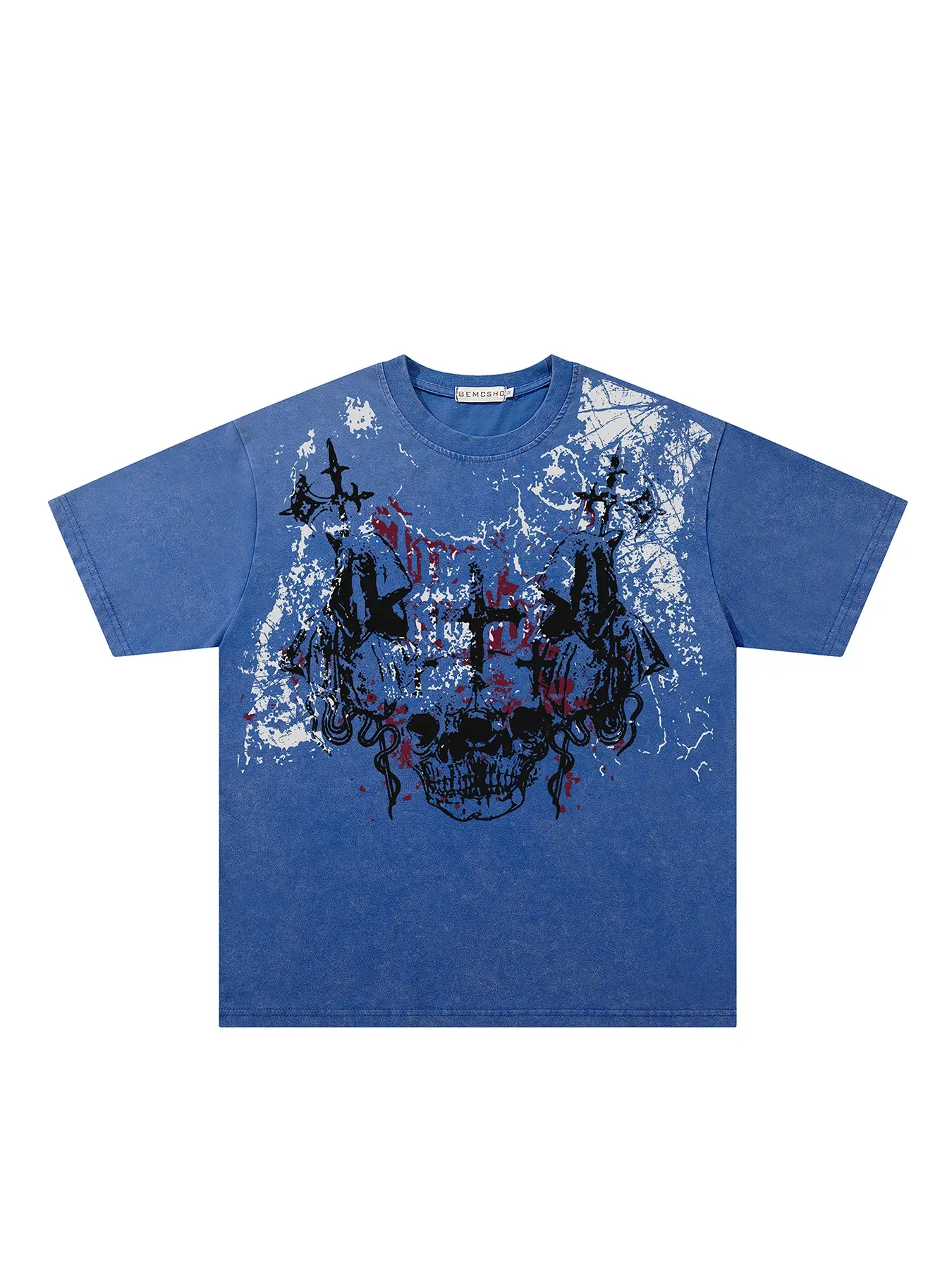 Men's Summer Casual Fit Streetwear, Short Sleeve Round Neck Oversized Baggy Tee Shirt, Gothic Style Graphic Cross Skull Print Design, Casual Loose Daily Wear Top for Men, Menswear