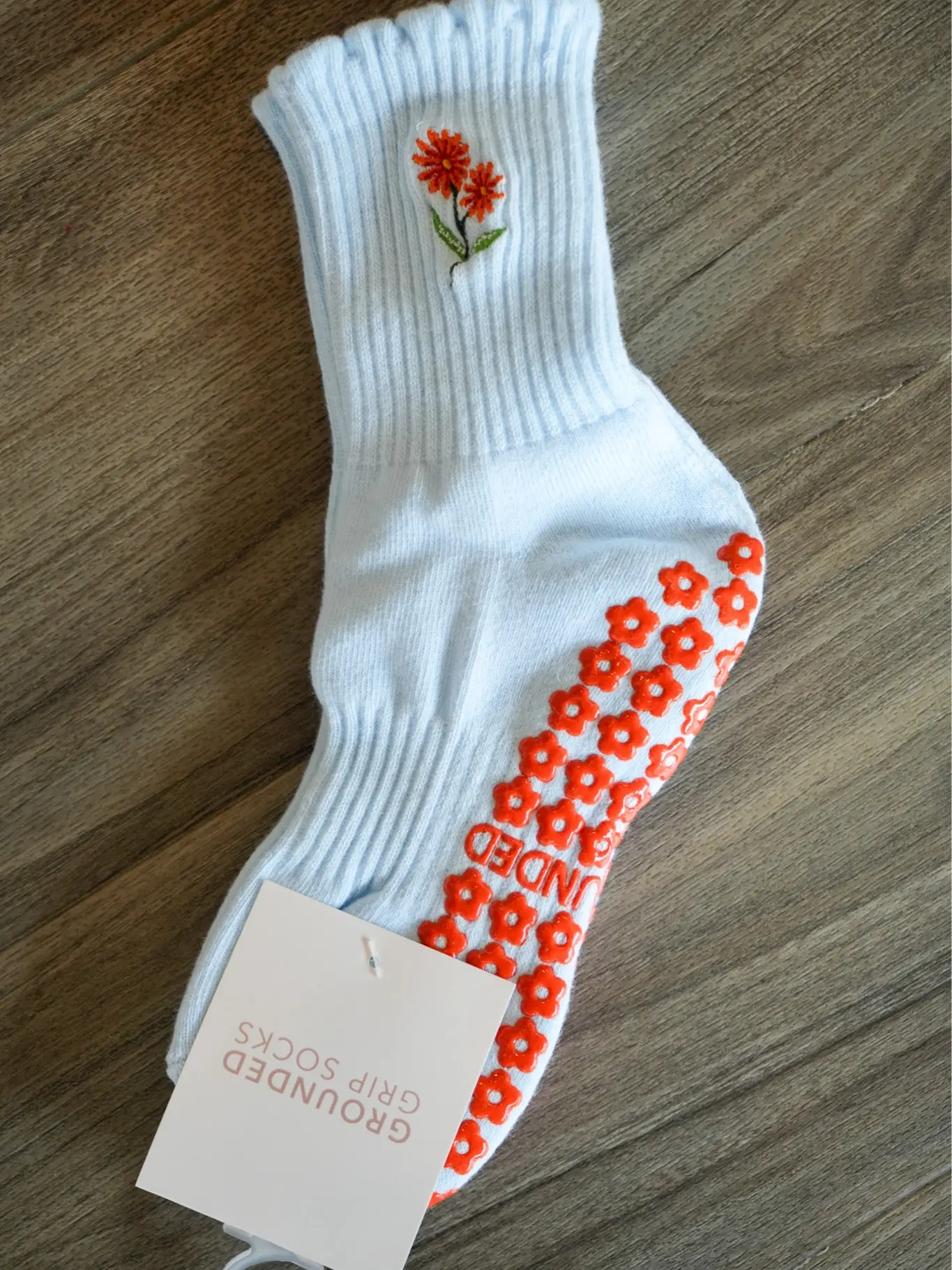 Orange Floral Grip Socks | White Flower Barre & Pilates Crew Socks | Cute Grippy Workout Socks