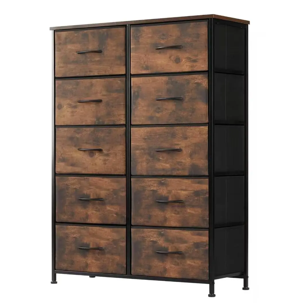 Bedroom Dresser, 10 Storage Drawers, Wide Fabric Wardrobe Chest Organizer Tower Furniture with Wooden Top and Metal Frame for Clothes, Suitable for Guest Rooms, Living Rooms, Hallways, and Entryways