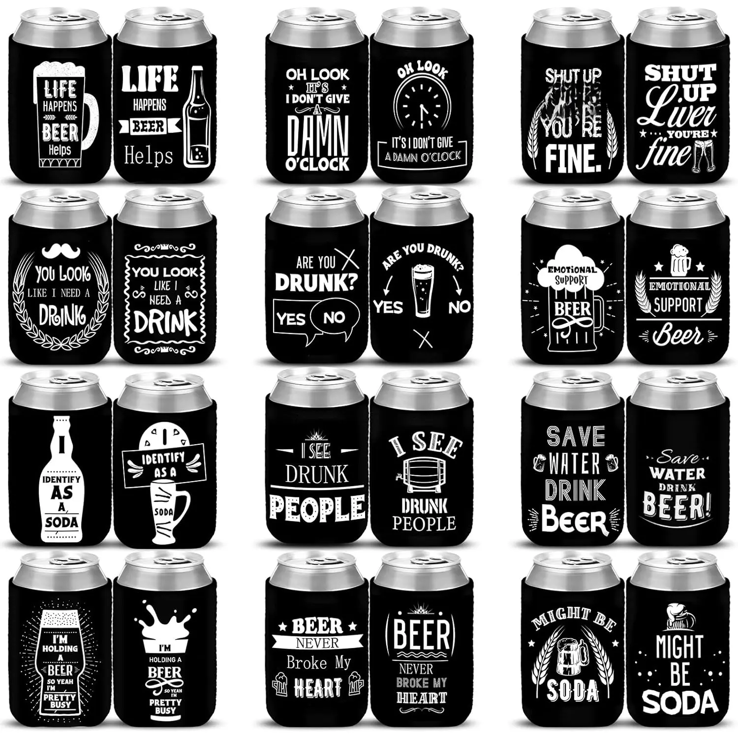 24-Count Stylish Durable Synthetic Beverage Bottle Cooler Sleeves (4x2.4x2.4 in), Double-Sided Polychloroprene Drinkware Accessories with Funny Quotes-Party Sayings, Comfortable Grip, Easy Storage, Multicolor-Black White Campfire/BBQ Party Supplies Gifts