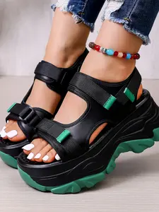Women's Colorblock Design Thick Sole Dad Sandals, Sporty Style, Magic Tape Anti-Slip, Plain Pattern, PU Upper Material