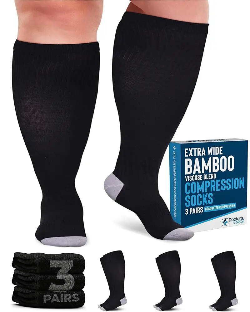 Doctor's Select Plus Size Knee High Bamboo Viscose Compression Socks (3 Pairs), Unisex Athletic Fit for Swelling & Relaxing, Extra Wide Calf, Resists Fade, Black, 2XL, Compression Stockings, Multiple Styles, Unisex Wear, Colorful Patterns, Durable, Lightw
