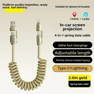 240w Super Fast Charging Cable, Safe Spring Data Line, Home Office Travel Car Use, Huawei Apple 2m Long, Adjustable Length