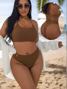 Women's New European Style Plus Size Plain Back Cross Tie Strapless Bikini Set, Perfect for Beach Poolside, Sexy Swimsuit