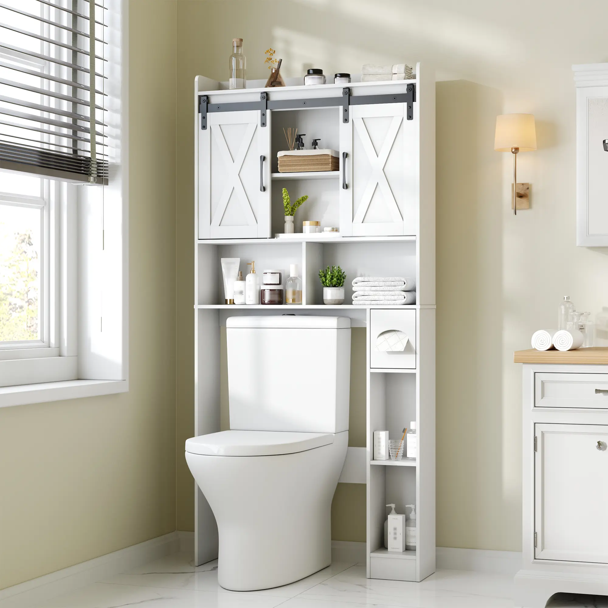 [Summergarden] Vabches Farmhouse Over-The-Toilet Wood Storage Cabinet with Sliding Doors, Adjustable Shelves, Space-Saving Rack for Bathroom Toiletries & Decor,dorm essentials,home decor