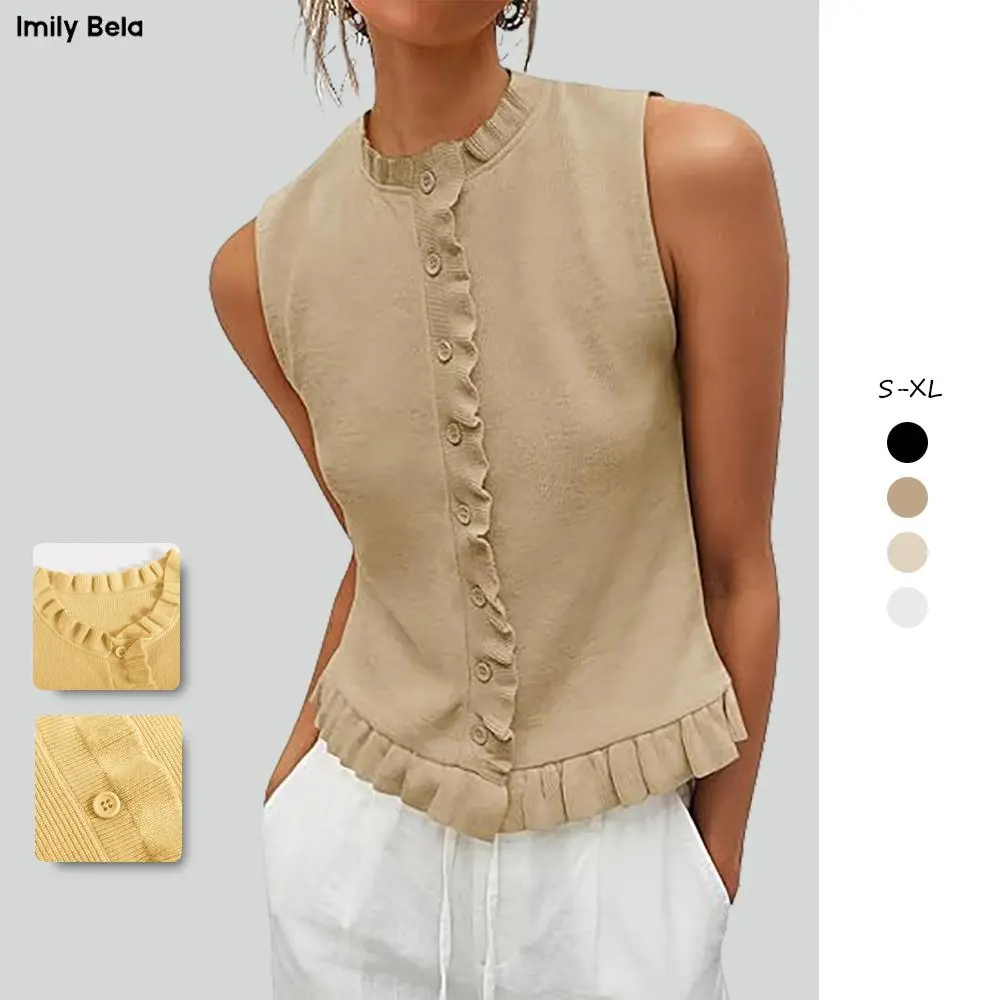Imily Bela Sleeveless Ruffle Button Down Top | Knit Summer Tank & Sweater Vest