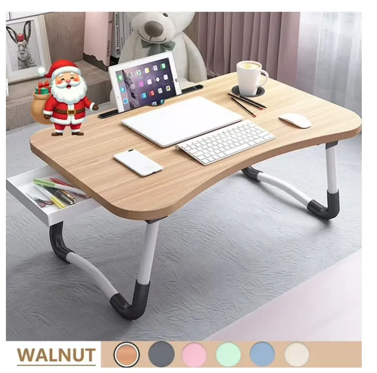 Foldable Lap Desk 23.6" Portable Wooden Laptop Table with Cup Holder Drawer & Phone Slots Walnut Finish for Bed Sofa Study