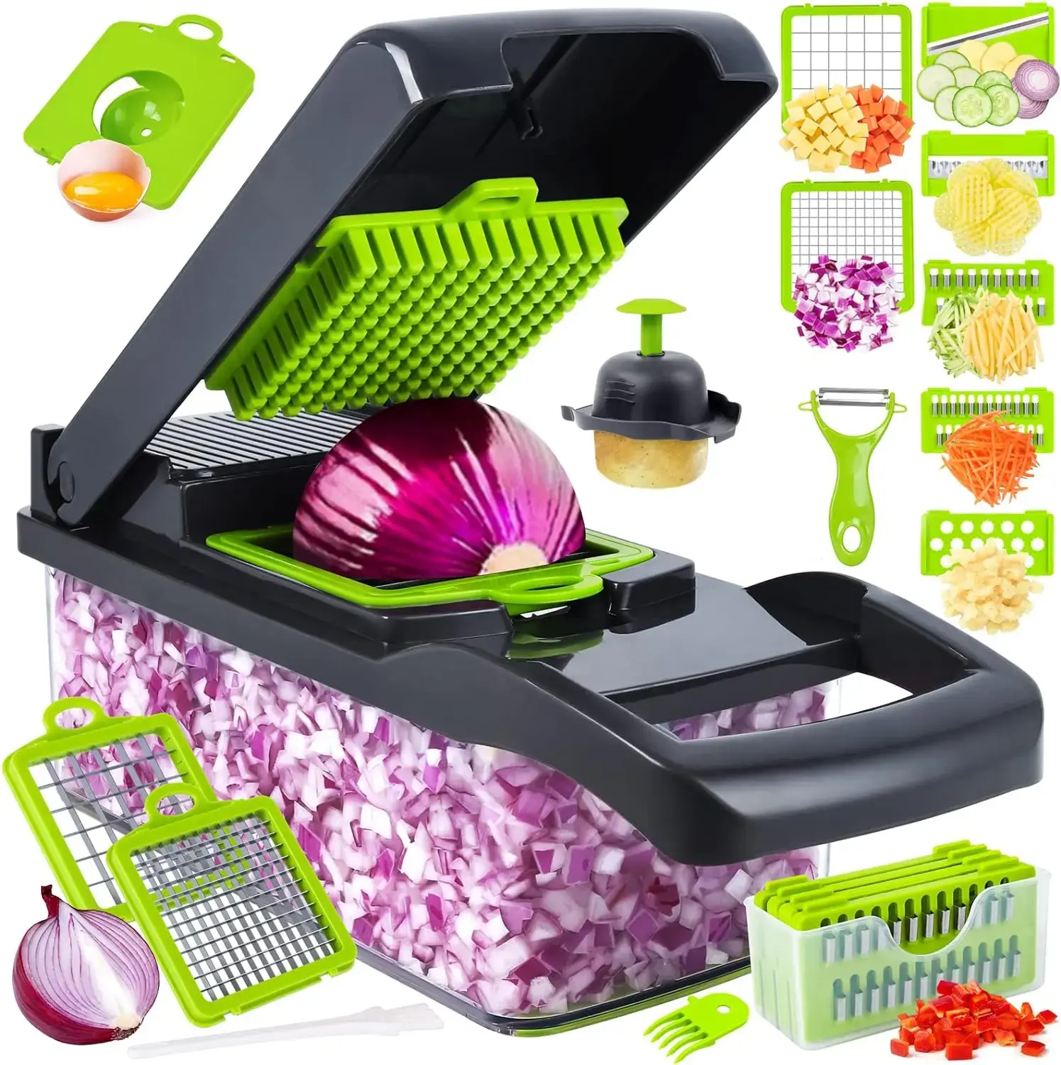 Vegetable Chopper, Pro Onion Chopper, Multifunctional 13 in 1 Food Chopper, Kitchen Vegetable Slicer Dicer Cutter,Veggie Chopper With 8 Blades,Carrot and Garlic Chopper With Container