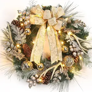 Pre-Lit Christmas Wreath with Lights,24 in Large Christmas Wreaths, Battery Operated Xma Wreath with Ball Ornaments Bows 20 Led Lights for Home Decor