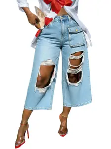 Summer New Style Punk Wind Streetwear Solid Color Denim Ripped High Waist Multi-Pocket Workwear Straight Leg Wide Leg Seven-Part Pants