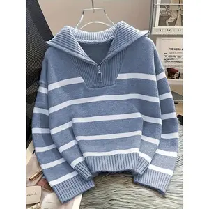 Women's Casual Striped Zip-Up Sweater - Black & White Horizontal Stripes, Soft Fabric with Zipper Front & Lapel Collar, All-Season Versatile Pullover for Casual Attire, Cute SweatersRHUA
