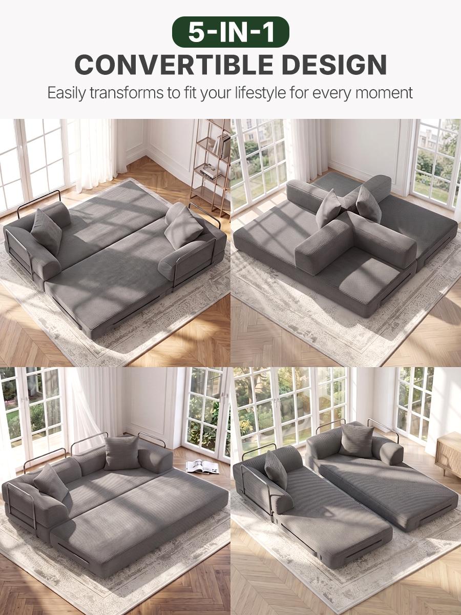 5-in-1 Convertible Sofa Bed, 73'' Cloud Boneless Couch, Pull Out Sleeper Loveseat, Corduroy Futon Sofa Bed with High-Density Foam for Living Room, Bedroom, Gaming Room, dorm essentials, home decor(1 Package)