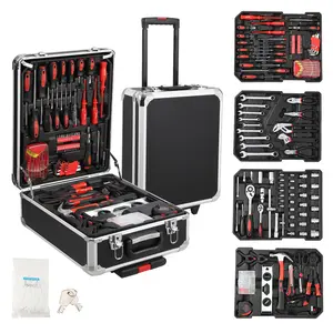 186-Piece Complete Tool Kit, Portable Hand Mechanic Tool Set with Rolling Aluminum Trolley Case, Heavy Duty Household Repair Tools with Wrench Hammer for Men Home Garage Use
