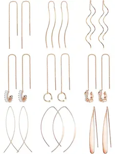 9 Pairs Stainless Steel Threader Dainty Earrings for Women Teen Girls Simple Long Chain Climbers Earring CZ Crystal Wave Ear Cuff Crawler Dangle Earrings Set