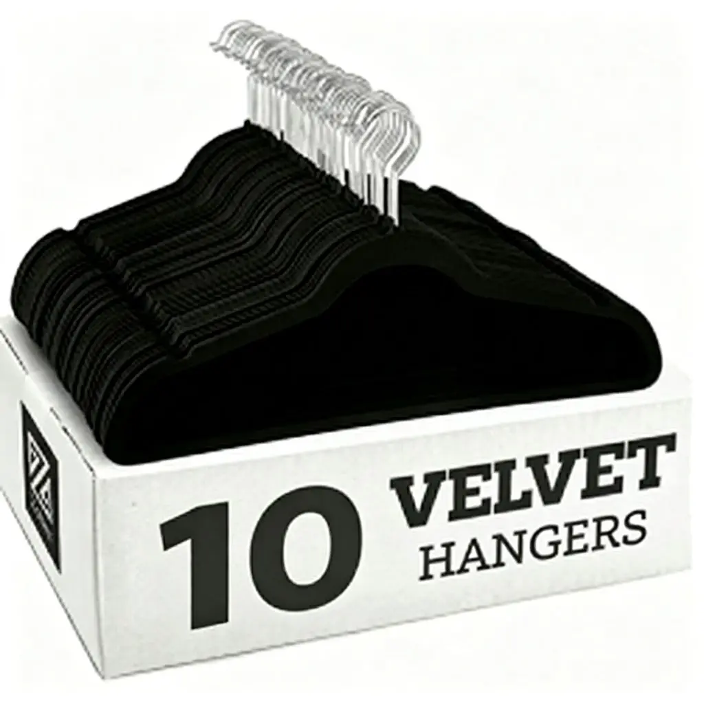 10-Pack Black Velvet Non-Slip Clothes Hangers, Slim Organiser Hangers with Velvet Finish for Wardrobe Organization, Laundry Box Pack Home Supplies