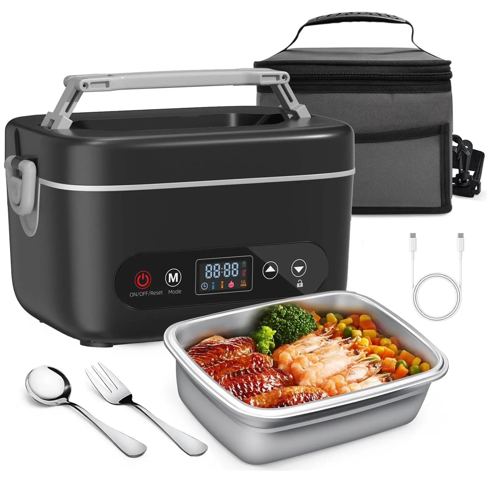 1.2L Electric Heating Lunch Box 12000mAh Rechargeable, 5 Heating Surfaces Portable Food Warmer for Office Truck Outdoor