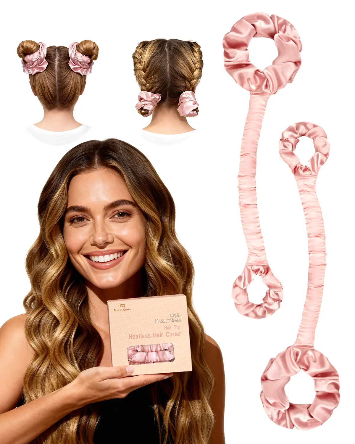 BONNET QUEEN Heatless Hair Curler 2-Piece Set - Medium Satin Curl Rollers with Soft Sponge, Secure Hold & Wrap-Tight Design, Overnight Sleep-In Hair Curling Rods for Bouncy Styles (Cream Pink), Curlrollers summerwins