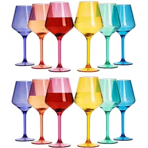 European Style Plastic Crystal Unbreakable Stemmed Wine Glasses | Set of 12 | Acrylic Glasses Tritan Bright Colors Shatterproof BPA-free, Outdoor, Pool, Indoor, Hand Wash 17oz Gift, Everyday & Holiday